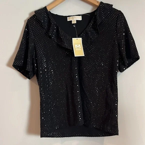 NWT Michael Kors black sequenced short sleeved V- neck top size medium. - Picture 4 of 6
